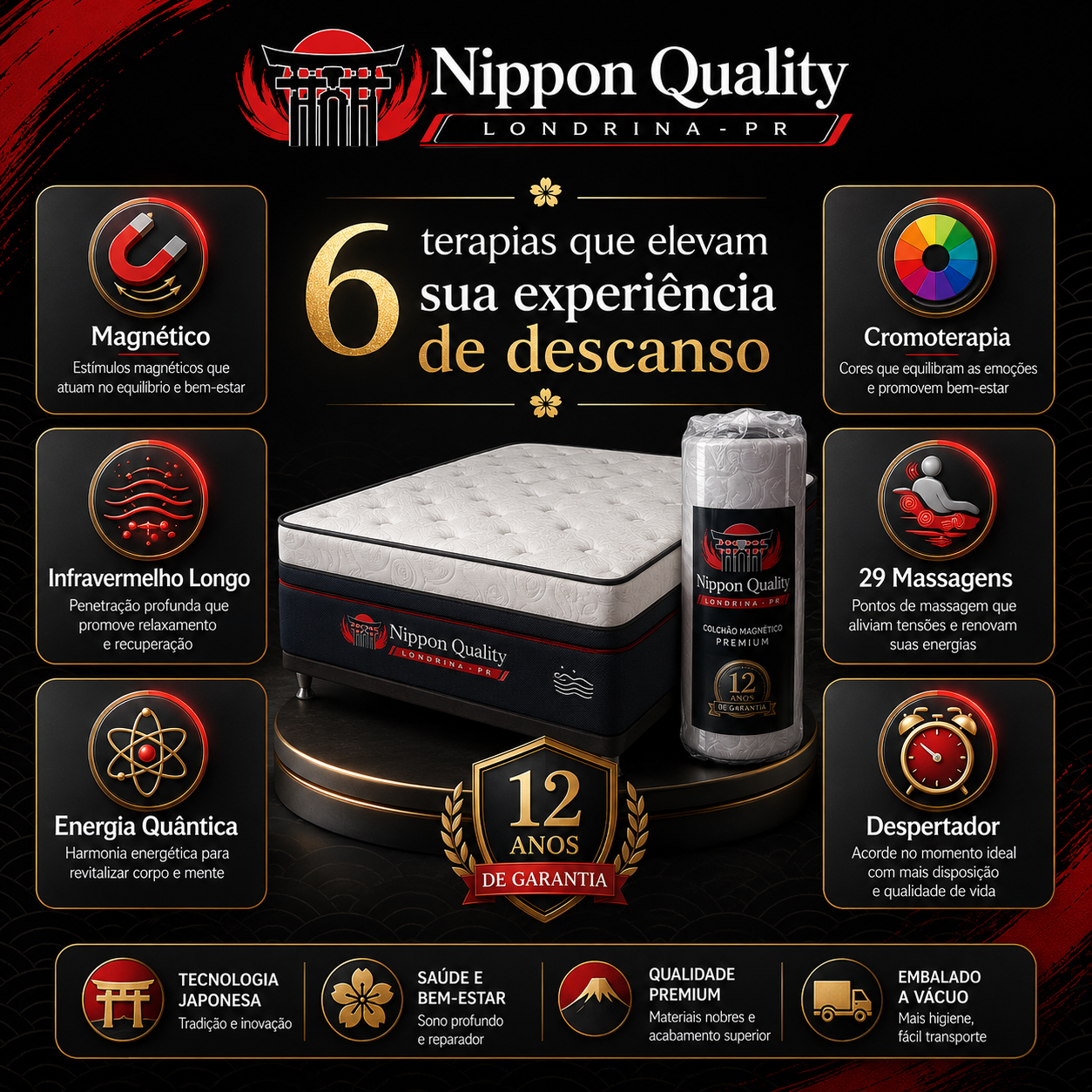 6 terapias Nippon Quality: magnético, infravermelho longo, energia quântica, cromoterapia, 29 massagens e despertador